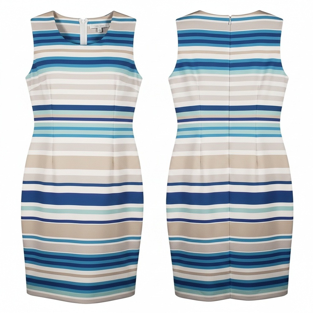 Calvin‎ Klein Women Size 8 Blue Tan Striped Sleeveless Scuba Sheath Dress Midi